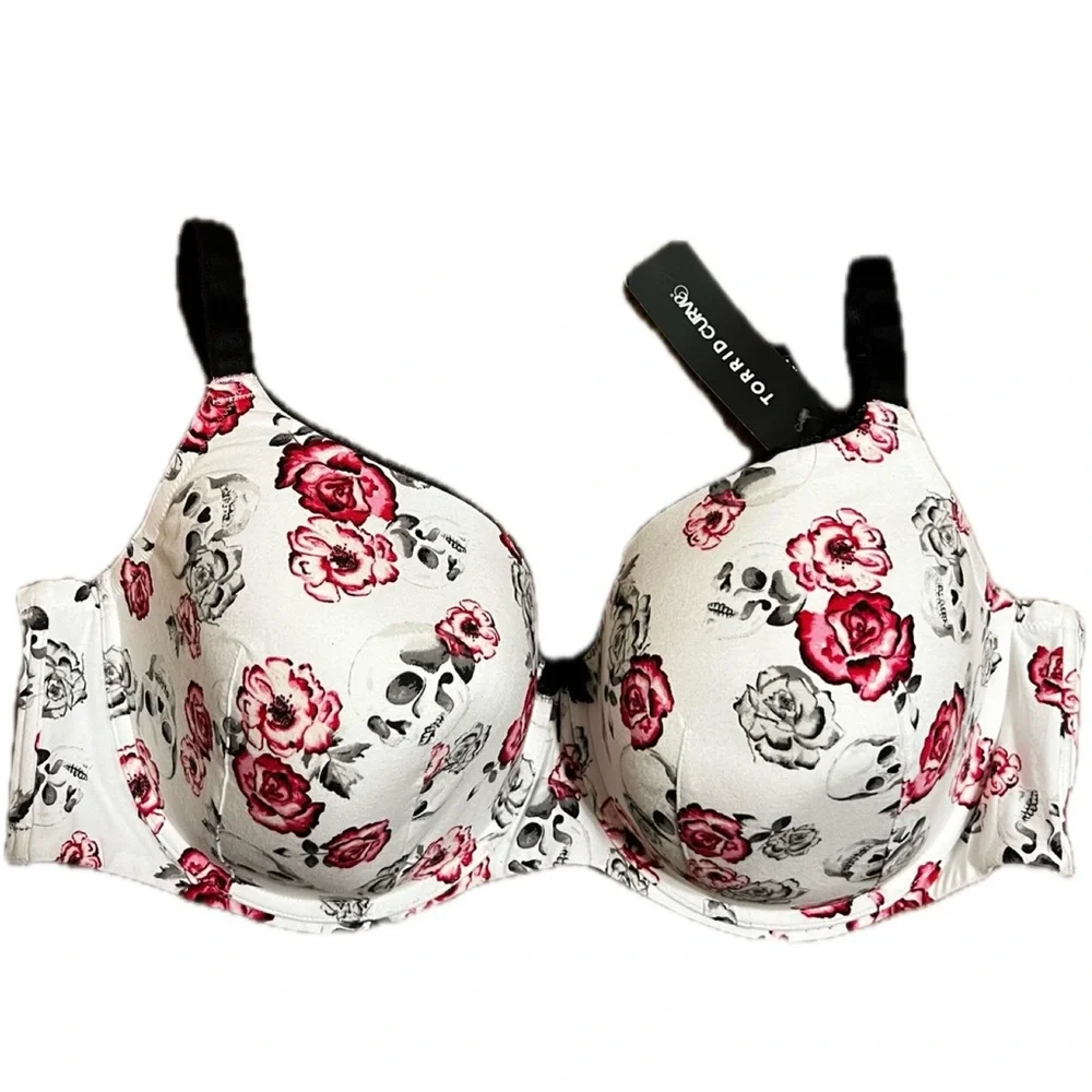 Torrid Curve Body™ white Skull red rose Floral Demi Bra white rockabilly 46DD - Picture 6 of 11
